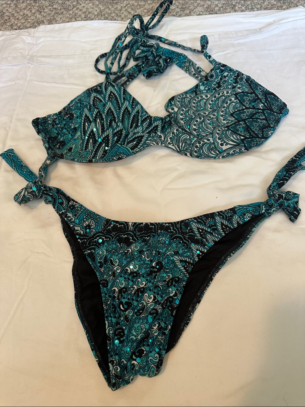 Teal Paisley Tie-Side Bikini Set - Women Swim